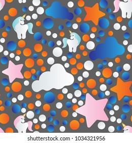 pattern with cartoon unicorn, clouds and stars