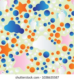 pattern with cartoon unicorn, clouds and stars