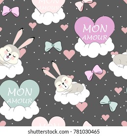 pattern cartoon for Valentine's day with a sleeping Bunny in the clouds
