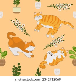 Pattern cartoon vector cute cat flower pot leaves seamless pattern and background.