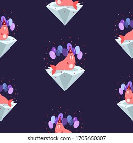 La morra de dibujos animados sobre un suelo de hielo en un sombrero con globos sobre un fondo púrpura, de forma plana y sin fisuras. Típico patrón de vacaciones para ropa de cama de papel y tela de cumpleaños.
