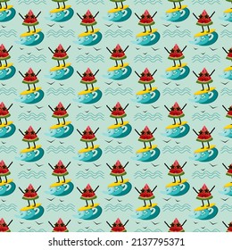 Pattern with cartoon watermelon, seagulls and sea. Summer illustration. Vector on a colored background. For use in packaging, prints, fabric, covers and brochures, textile products, baby products