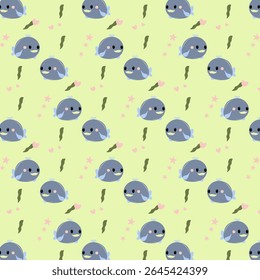 Pattern with cartoon whale stars and waterweeds, vector illustration. seamless pattern of a whale.