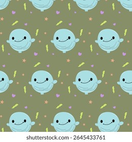 Pattern with cartoon whale stars and waterweeds on green background, baby boy seamless pattern background. baby boy with pacifier.