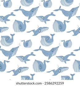 Pattern with cartoon whales on white background for fabric, illustration for kids