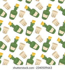Ein Muster einer Cartoon Whiskey-Flasche und ein Glas im Thema West, wilde Westen, Salon. Textur für den Druck auf Textilien und Papier. Faltschachtel