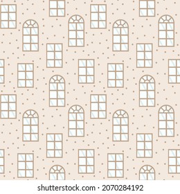 Pattern with cartoon window frames of various shapes. Background with wooden round, rectangular, arched windows and a wall in a doodle circle. A substrate with windows for textiles. Vector