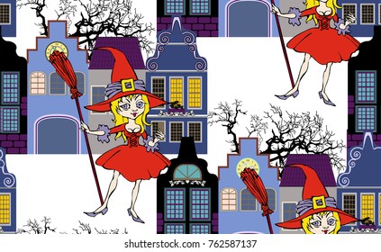 Pattern of cartoon witch. Vector illustration
