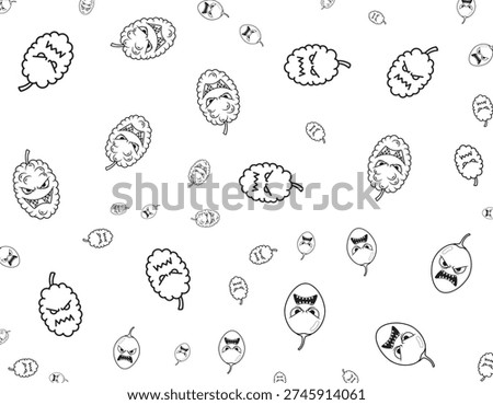 A pattern of cartoonish, angry-looking fruits and vegetables scattered across a white background. The characters feature exaggerated facial expressions with sharp teeth and furrowed brows, giving them a menacing yet playful appearance.