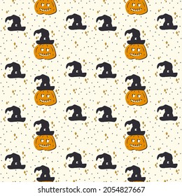 A pattern with a carved scary pumpkin face. Witch hat with pumpkin for Halloween textiles. The substrate is in black and orange autumn color. Vector illustration