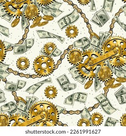 Pattern with cash money, 100 US dollar bills, gold one dollar coins, gears, bike chain. Creative concept of making money. For prints, clothing, apparel, surface design.