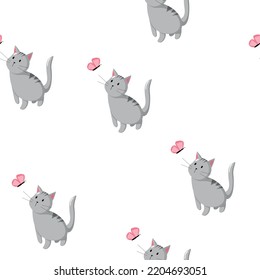 The pattern with cat and butterfly. Vector illustration