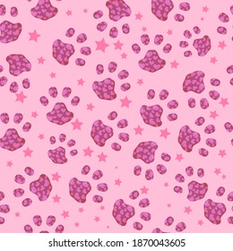 Pattern of cat or dog paw prints. seamless pattern of pink color. Accessories for pets. An element from a set of doodles drawn by hand. Isolated illustration on a white background.