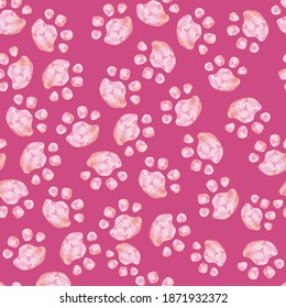 Pattern of cat or dog paw prints. seamless pattern of pink color. Accessories for pets. An element from a set of doodles drawn by hand. Isolated illustration on a white background.