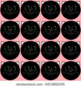 Pattern with cat faces. Black muzzle of a cat. Vector illustration.