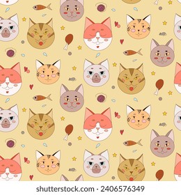 Pattern with cat faces. Cute cats of different breeds.
