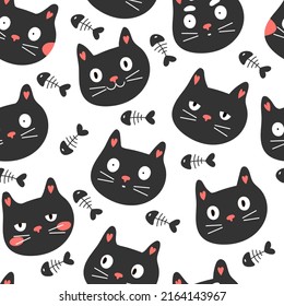 Pattern of cat faces on white background with fish skeleton. Cartoon cats vector pattern.