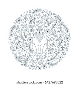 Pattern with cat and flowers on white background
