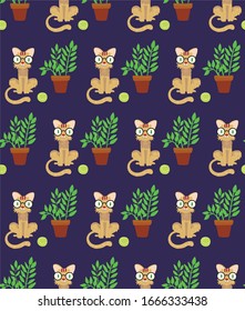 
patrón con un gato en gafas, una bola y una planta en una olla sobre un fondo oscuro