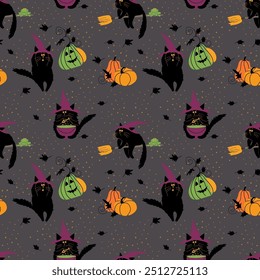 Pattern with a cat and his adventures on Halloween. Witch cat and magic