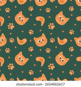 Padrão, gato, faixas de gatinho, pássaro, ilustração em um fundo verde. Impressão simples engraçada, padrão para tecido.
