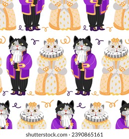 Pattern of a cat and a kitty in retro costumes for the ball. The outfits of the Queen and the messenger of the 19th century. Ballroom outfits. Animals in ball gowns on a white background are repeated