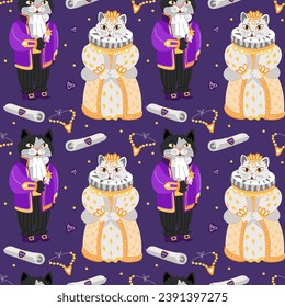 Pattern of a cat and a kitty in retro costumes for the ball. The outfits of the queen and the courtier of the 19th century. Animals in ballroom outfits and objects are repeated. Necklace, Letter