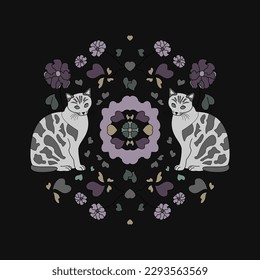 Patrón. Cat Mandala con corazones y flores. Ilustración vectorial.