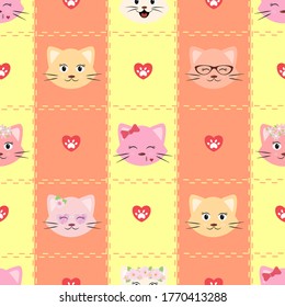 Pattern with a cat on a striped background. Seamless pattern with a smiling cat. Children's seamless background with cartoon cat faces heart and paws. Vector illustration.