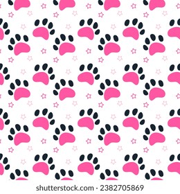 Pattern of cat paws with little stars. Cartoon pink pattern of cat tracks.