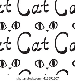 Pattern with cat. Seamless vector background with word CAT written by hand