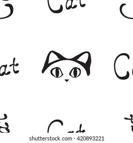 Pattern with cat. Seamless vector background with word CAT written by hand