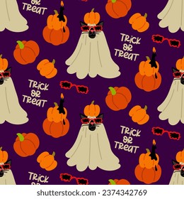 Pattern of a cat in a sheet for Halloween with a pumpkin on its head and on a purple background. A black cat with spider-shaped glasses. Flat vector illustration with pumpkins. Text Trick or treat