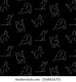 Pattern with cat silhouettes.Vector seamless pattern with white silhouettes of cats on a black background.