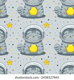 Pattern cat in space , gray lop-eared cat, star, holding moon in paws, vector illustration