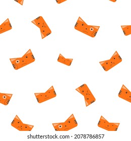 Pattern of Cat or tiger face in orange color with emotions, angry, smart. Symbol of 2022 year. Icon. Isolated on a white background. Flat vector illustration.
