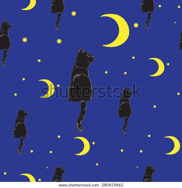 Pattern, cat under the moon. Vector\
seamless pattern. Endless texture can be used for wallpaper,\
pattern fills, web page background,surface textures. Used\
mask.