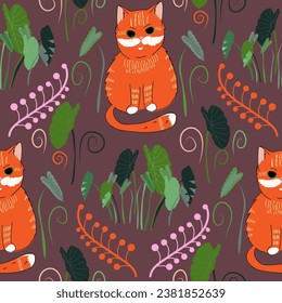 Pattern with a cat. Vegetable garden with leaves.