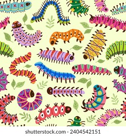 Pattern of caterpillars. Vector seamless background for textile design with illustrations insects and bugs recent vector template