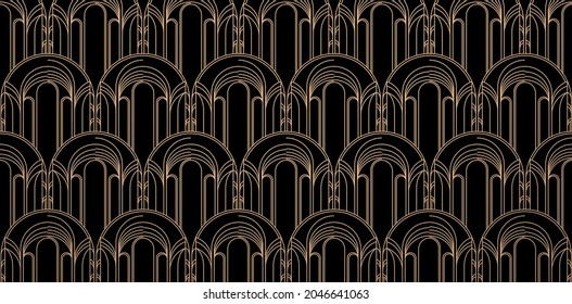 pattern of cathedral church wall, Geometric seamless pattern with rectangle round model. design gold colors with isolated black backgrounds, applicable for fabric print, packaging printing.