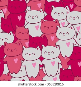 pattern with cats beautiful drawing. design greeting card for valentine's day. Gift wrapping paper. Seamless. Cat. Heart. 