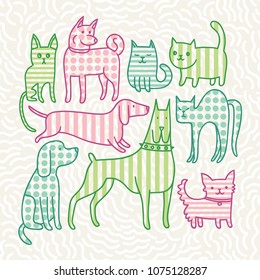 Pattern with cats and dogs. Cartoon background with funny pets.