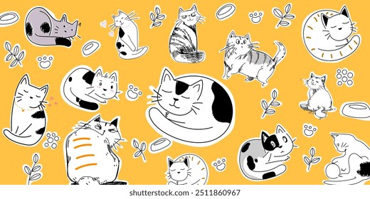 Pattern cats doodle sketch outline vector background illustration.Cute vintage design for wallpaper, wrapp, textile, fabric and banner.