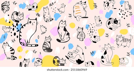 Pattern cats doodle sketch outline vector background illustration.Cute vintage design for wallpaper, wrapp, textile, fabric and banner.