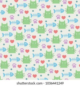 Pattern Cats And Fishes And Footprints And Hearts