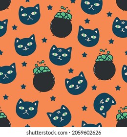 Pattern with cats. Halloween cat. Hand-drawing, for wrapping paper, textile, fabric, book