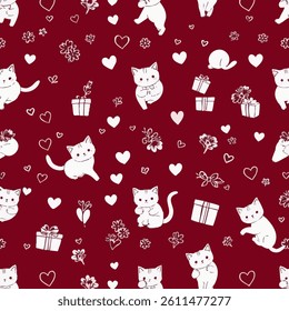 Pattern with cats, hearts and flowers in doodle style 