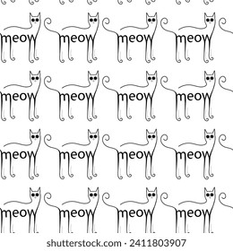 Pattern with cats and the inscription of the word meow in English.