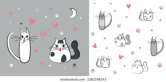 Сhildish pattern with cats in love, kids drawing. Animal seamless background, sweet vector texture for kids bedding, wallpaper, fabric, wrapping paper, textile, t-shirt print