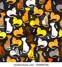 Pattern with cats and mice on black background
